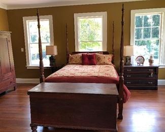 queen bed, comforter set, antique marble top chest, chinese cookie tin lamps, dowery chest, ginger jar, plate,chinese biscuit tin lamps