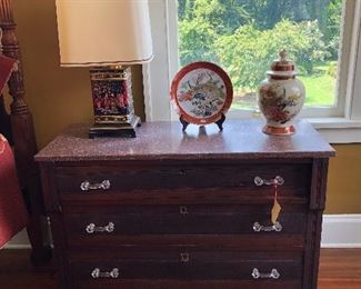 marble top antique chest, chinese biscuit tin lamp, plate, ginger jar lamp