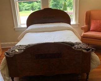 antique bed and bedding, chair
