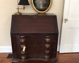 drop front desk, lamp, picture