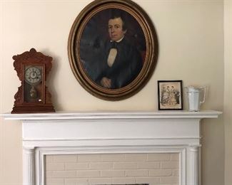 antique oil painting, picture, pitcher, antique clock