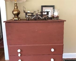 sugar chest, brass lamp, antique scales poland, picture, hurricane globe with candle