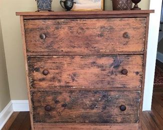 antique chest, planters, picture,treen ball,silverplate pitcher