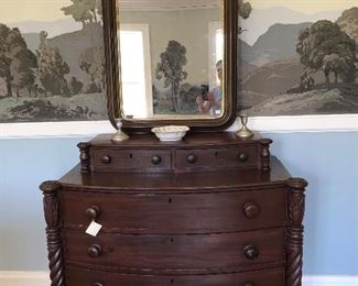 bowfront, cookie top chest, mirror, candlesticks