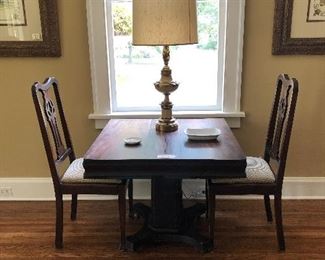 antique game table, chairs, lamp, tea leaf dish