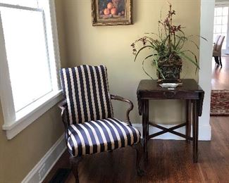 chair, side drop leaf table, planter, oil painting