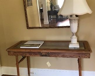english folding leg door table, lamp, coffee table book