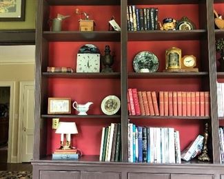 books, tea leaf gravy boat,lamp,pictures,clock face,coffee grinder, butter mold, funel, antique ballerina clock, toby mug