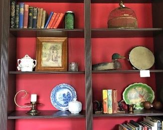 antique scales,alabaster elephant, books, platter, treen weight, brass candle holder,sugar jar, green glass coffee jar, brass bird cage, black velvet riding hat