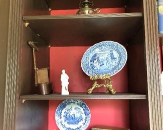 music box, vintage shaving brushes, picture, plate, stereoscope, oil lamp