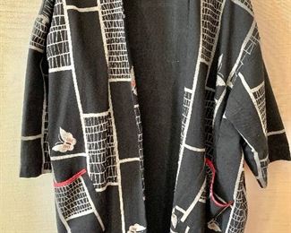 $40 - Black with taupe and red trim butterfly motif cotton long jacket.  Estimated size XL.