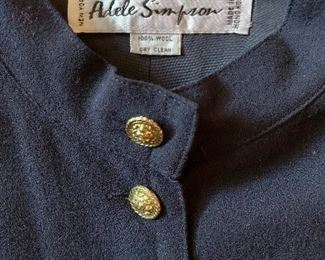 Detail; Adele Simpson navy blue wool dress.  Size 14. 
