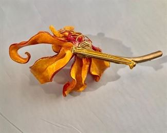 $95 Detail: Back view. Fabrice red and yellow lily brooch.  5"H