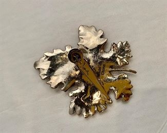 $18 Detail; Back view. Silvia Dahl, signed, butterfly and maple leaf fur/scarf dress clip.  Two available. 3”H x 2.5”W
