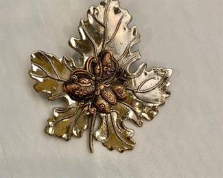 $18 Silvia Dahl, signed, butterfly and maple leaf fur/scarf dress clip.  Two available. 3"H x 2.5"W 