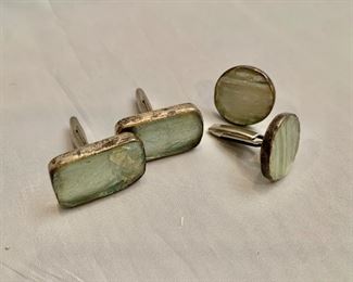 $25 Each pair. Sterling silver and stone cufflinks  Rectangular cufflinks  1”H. Round  cufflinks, 75”D