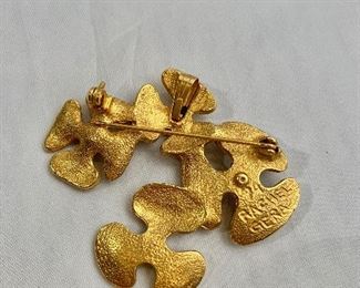Detail: Back view.  Rachel Gera, signed, gold tone brooch. 2.25"W