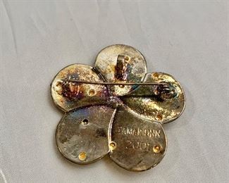$30 Detail: Back view. Tamar Onn 2001 Israeli Flower Judaic Pin Brooch. Two of two. 2"D
