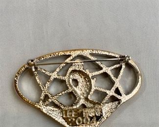 $18 Detail: Back view. Lee Bonk 2004, signed, gold and silver tone abstract Star of David Hands pin with rhinestone. 2"W x 1.5"H