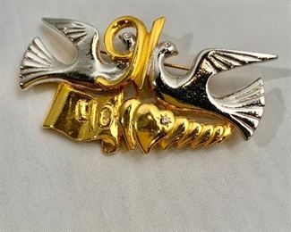 $20 - Gold and silver tone doves with rhinestones pin. 2.75"L
