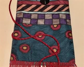 $30 Printed silk fabric flat crossbody bag, with corded strap.  Approx. 7" x 11"H