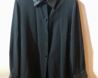 $40 - Linda Allard for Ellen Tracy black wool shirt with sequined collar and cuffs. Size 16