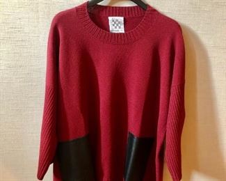 $40 - Barbara Wells studio red sweater with black leather pockets. Estimated size L/XL