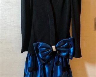 $40 - Raul Blanco vintage hand loomed black knit top and sapphire blue satin bottom evening dress. Size 14
