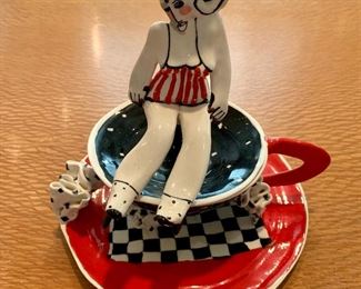 $30 - Eilene Sky cup and saucer with figurine lid, signed.  6"H
