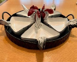 $50 - Five piece rooster serving set with basket. Basket 13"D
