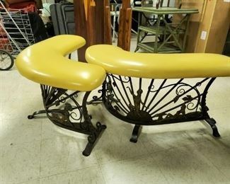 $300 Pair of curved wrought iron benches ; each is 41" W x 18" H x 12" D and ottomans