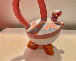 $75 - Signed hand built ceramic teapot is 13" H x 7.5" W x 9" D 