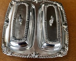 $40 Silver plate Double butter dish (one glass insert missing) 8.5” x 8.5”