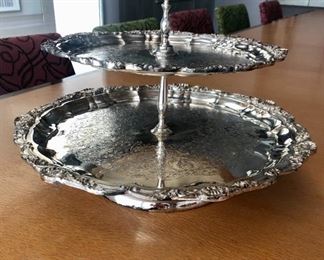 $95 Poole Silver Co 3217 silver plate two tier lazy Susan serving piece.  16”D x 11”H