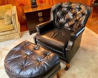 Mid century mid leather lounge chair and ottoman