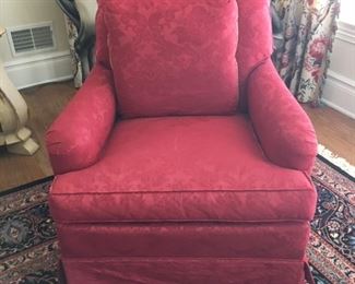Pr. of red damask upholstered chairs