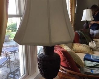 Pr. of brown cinnabar  richly carved lacquer lamps