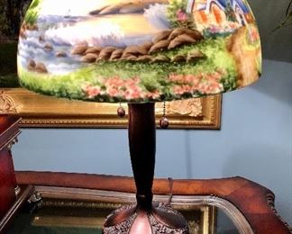 Thomas Kinkade  “A New Day Dawning” Reverse painted shade table lamp. 