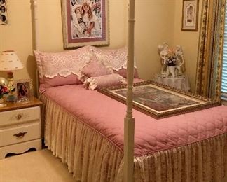 Sweet white bedroom set, full bed and bedside table.