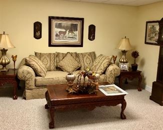 Wood carved side tables and matching coffee table, Emperor Grandfather clock made in West Germany, gold sofa