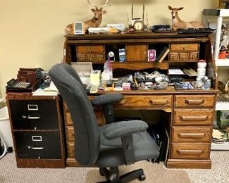 Oak roll top desk, metal file cabinet , office chair