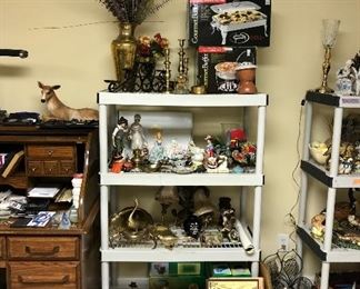 Rhyne Pick machine, floral stemming tool on floor between shelves, brass candle holders, sconces, chafing dishes and more