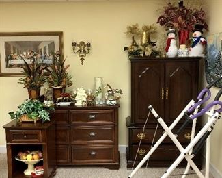 Dresser with mirror behind it, side table, silk flower arrangements, snowman, Christmas decor and more