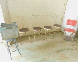 Ice cream parlor chairs and Costco stool with metal  box crate 