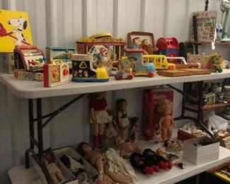 Wide view of vintage and antique toys and dolls