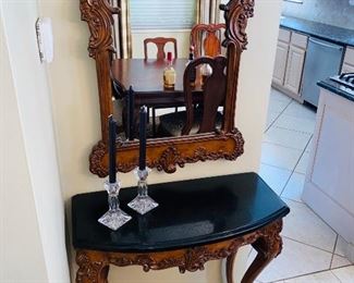 $300 ORNATE WOODEN TABLE WITH MIRROR
TABLE MEASURES
30”L x 14”D x 31”H
MIRROR MEASURES
34”L x 23”W x 1.5”D