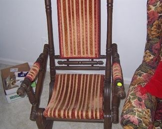 ANTIQUE CLOTH AND WOOD ROCKER