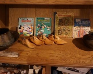 children's books, wood shoes, brass