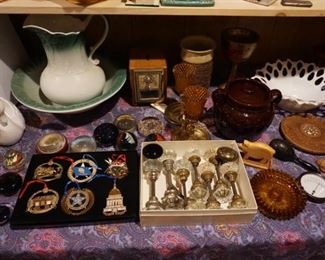 ornaments, vintage door knobs, paperweights, pitcher and bowl, wood, pottery, glass