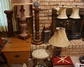 lamps, Early American table, small stools, lamps Wood candle holders